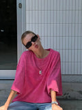Bonnyshow 100% Cotton Retro T-shirt Women Vintage Short-sleeve Wax printing T Shirts Men Solid Color Hip Hop Loose Tees