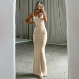 Bonnyshow Women Sexy Backless Dress New Solid Summer Sleeveless Straps Maxi Dress Bodycon Casual Streetwear Clubwear Elegant Party Dresses