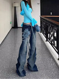 Bonnyshow  American Retro Pleated Design Slimming Denim Flared Pants for Women Autumn and Winter New Y2K Spicy Girl Low Waist Jeans Women