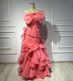 Bonnyshow Couture Coral Red Ruffles Mermaid Long Evening Dresses With Bow Details Real Image Formal Party Dress Maxi Gowns