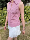 Bonnyshow  Pink Striped Blouse T-shirts Women Summer Casual Slim Turn-down Collar Sleeveless Tees Cute Sweet Preppy Style Y2K Crop Tops New
