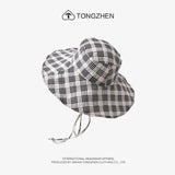 Bonnyshow Vintage Plaid Female Fisherman's Hat Summer Outdoor Beach Big Brim UV Sunscreen Women's Bucket Hat Fishing Climbing Cap