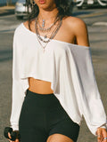 Bonnyshow  Casual Off Shoulder Skew Collar Women's Top Solid Basic 90s Y2k Chic Knitted Crop Shirt Fashion Streetwear Tees