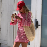 Bonnyshow Red Striped Knitted Mini Dress Women Fashion Hollow Out Slim Beach Holiday Dresses Autumn Elegant Long Sleeve Sweater Dress