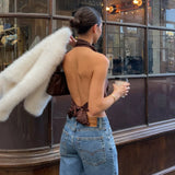 Bonnyshow  Brown Polka Dot Halter Crop Top Swinging Collar Sleeveless Backless Lace-up Tank Top Sexy High Street Fashion Vest