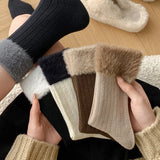 Bonnyshow Winter Fluffy Fur Socks for Women Warm Mink Velvet Mid-tube Sock Korean Splice Thick Thermal Lady Girls Floor Sock