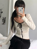 Bonnyshow Women T-shirt Autumn Fashion New Streetwear Bandage Long Sleeves Polka Dot Print O-Neck Tees Lady Versatile Casual Slim T-shirt