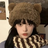 Bonnyshow Cute Bear Plush Beanie Cap Women Winter Warm Thicken Faux Fur Hat Korean Solid Color Cartoon Ears Female Skullcap Bonnet