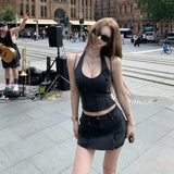 Bonnyshow  Summer sexy hot girl V-neck hanging neck denim vest top and Hip hugging skirt two-piece set temperament leisure suit