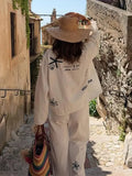 Bonnyshow  Embroidery Women 's Pant Suit Printed  Laple Single Breasted Full Sleeve Shirts Lace Up Wide Leg Pants Female Vacation Outfit