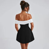 Bonnyshow Off Shoulder Backless Short Sexy A-line Dress Women Elegant Party Dress Slash Neck Bodycon Mini Summer Dress Vestidos