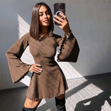 Bonnyshow Sexy Dresses Nightclub Mini Short Party Dress Women Back Bandage O Neck A Line Flare Sleeves Autumn Vestidos Ladies Fall Robe