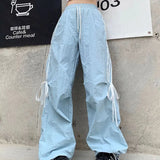 Bonnyshow Y2k Oversized Striped Cargo Pants Women Harajuku Casual Sweet Bow Baggy Summer Wide Leg Thin Trousers America Style Street