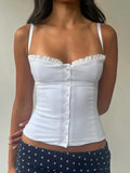 Bonnyshow  Lace Button Sexy Camisole Slim Y2K Summer Crop Top Women Retract Your Waist Vest Hot Chic Sweet Casual Tops