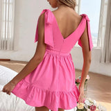 Bonnyshow Summer V-neck Pure Dress Bow Tie Short Skirt Sweet Ruffled Dress Cute