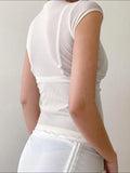Bonnyshow  V-neck Lace Patchwork Transparent Tees White Summer Mesh Sexy Bandage Chic T-shirt Hottie Slim Solid Retro Tops