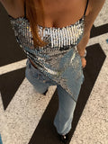 Bonnyshow  Retro Irregular Sequin Sling Long Top Women Sexy Sleeveless Glitter Slim Tube Tops Female 2025 Summer Versatile Chic Streetwear