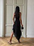 Bonnyshow  Fashion Women Straps Dresses Solid Square Collar Asymmetricl Bandage Slim Fit Elegant Summer Zipper Female Vestidos Robe