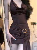 Bonnyshow  New Spice Girl Low-Cut Backless Mini Dress Vintage Brown Ring Bandage Pleated Slim Dresses Summer Party Street