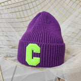 Bonnyshow Unisex Winter Knitted Hat Big C Letter Simple Beanie Cap Korean Version Skullies Beanies Soft Hip Hop Casual Bonnet Caps