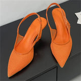 Bonnyshow  Summer Breathable Mesh Pointed Toe Women Pumps Elegant Slingbacks Thin High Heels Party Dress Shoes BIG SZIE 43
