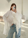 Bonnyshow Round Neck Flared Sleeve Ruffled Women's Shirt White Chiffon Design Sense Summer New Fashionable Long Sleeve Shirt