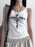 Bonnyshow Rivet Gothic Print Graphic Tank Top Street Wear Grunge Y2k Clothes White Ribbed Sleeveless Tops Women