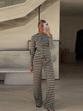 Bonnyshow  Casual Striped Cardigan Long Pant Woman's Set Fashion Loose O-neck Full Sleeve Tops Drawstring Pants Sets Lady Chic Home Outfits