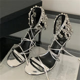 Bonnyshow  Summer Sexy Design Crystal Diamond Tassel Women Sandals Thin Heels Ankle Lace-up Narrow Band Prom Shoes Zapatos Mujer