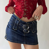 Bonnyshow  High Waisted Zipper Slim Fit Bag Buttocks Splicing Japanese Button Waistband With Heavy Industry Characteristics Trend Dark Blue