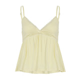 Bonnyshow  Fashion Solid Lace Spliced Women Camisole Tops Summer V-Neck Ruched Causal Sweet Blouses