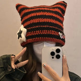 Bonnyshow Y2K Cute Star Devil Knitted Beanies for Women Korean Ins Striped Knitted Skullies Hat Autumn Winter Warm Wool Pullover Cap