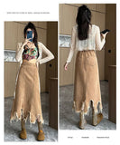 Bonnyshow Women Long Denim Skirt Summer New Fashion Irregular Hem High Waist A-Line Jeans Skirt Spring Casual Loose Plus Size Skirt