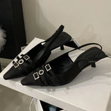 Bonnyshow  Luxury Crystal Buckle Kitten Heel Design Brand Pumps Women Fashion Pointed Toe Narrow Band Dress Shoe Elegant Wedding Bride Shoe