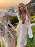 Bonnyshow  Women Elegant Flare Full Sleeve High Waist Side Split Dress Fashion Solid V-neck Hollow Out Maxi Dress Lady 2025 Chic Vestidos