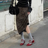 Bonnyshow Leopard Print Maxi Skirts Women Fashion Mesh High Waist Slim A-line Skirt Autumn Winter Lace Patchwork Vintage Y2K Skirt 2024