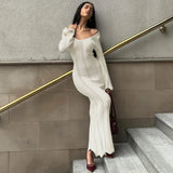 Bonnyshow Sexy Hollow Out Knitted Maxi Dress For Women White Long Sleeve Off Shoulder Slim Vacation Beachwear Long Dresses