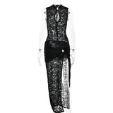 Bonnyshow Ruched Patchwork See Through Lace Maxi Dress Women Sexy Metal Buckle Hollow Out Sleeveless Bodycon Split Evening Party Long Robe