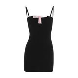 Bonnyshow  Summer Mini Night Dress Hot Club Outfits Bodycon Dress For Women Spaghetti Strap Sexi Clothing Pink Bow Tie Vestidos De Mujer