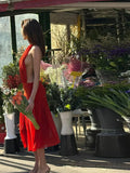 Bonnyshow  Red Hollow Out Halter Dress Backless Split Deep V Hanging Neck Pleated Sleeveless Waist Cinched Slimming Sexy Women Long Dresses