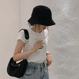 Bonnyshow Retro Denim Bucket Hat for Women Solid Color Foldable Fisherman Cap Summer Outdoor Wide Brim Panama Sun Hats Gorras