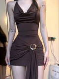 Bonnyshow  New Spice Girl Low-Cut Backless Mini Dress Vintage Brown Ring Bandage Pleated Slim Dresses Summer Party Street