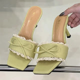 Bonnyshow  Elegant Lace Bow Decorated Brand Slipper Women Fashion Square Toe Thin Heel Slide Sandal Sweet Party Dress Shoe Zapatos De Mujer