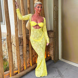 Bonnyshow Yellow Lace Long Beach Dress Women Sexy See Through Slim Night Club Party Dresses Summer Fashion Hollow Out Holiday Dress