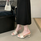 Bonnyshow  Elegant Lace Bow Decorated Brand Slipper Women Fashion Square Toe Thin Heel Slide Sandal Sweet Party Dress Shoe Zapatos De Mujer