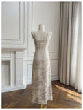 Bonnyshow  Women's Elegant Beige Chiffon Maxi Dress Floral Print Strap Formal Evening Gown Prom Party With Embellished Waist