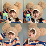 Bonnyshow Cute Big Ear Bear Plush Hat Women Winter Thicken Lamb Cashmere Earmuffs Cap Female Lady Solid Color Cartoon Fluffy Bomber Hats