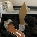 Bonnyshow  Butterfly-Knot CRYSTAL Transparent Women Pumps Elegant Pointed Toe Slingbacks Sandals Clear Low Heels Shoes
