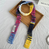 Bonnyshow Female Winter Korean Version Knitted Scarves Stripes Spell Color Fine Narrow Long Scarf New Niche Design Women's Cashmere Scarf