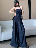 Bonnyshow  Advanced retro Tencel denim suit women's summer fashion sequin strapless top high waist wide leg pants skirt two-piece set
